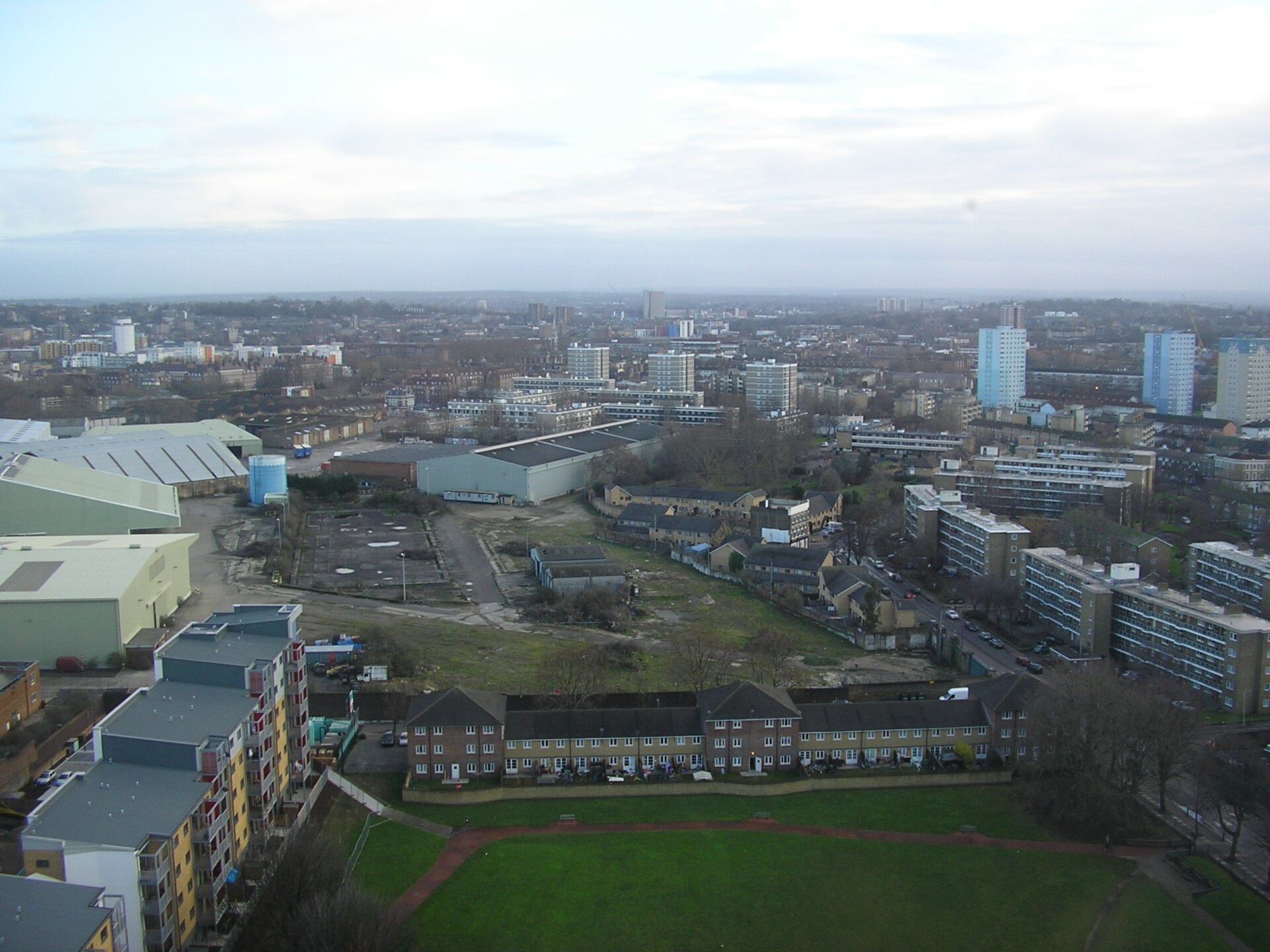 Aerial view over Convoys Wharf and the surrounding Deptford estates